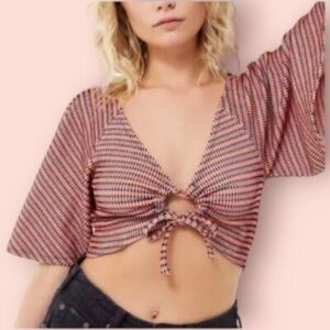 Urban Outfitters Red and Black Patterned Ruched Crop Top Size XS